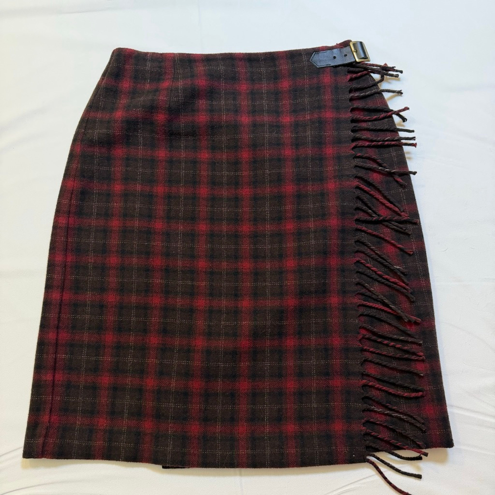 Eddie Bauer | Y2K Wool Blend Plaid Fringe Wrap Skirt | Heritage Cabin Mini| 6